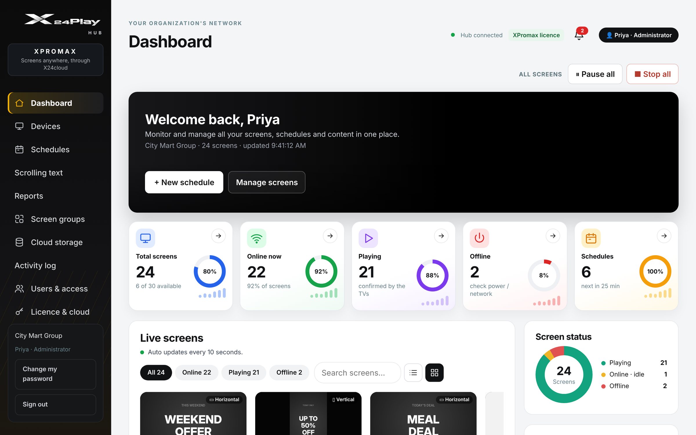 X24Play Hub dashboard: total screens, online, playing, offline and schedules
